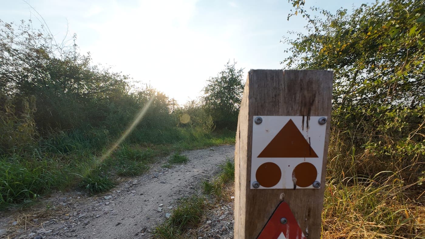 Routepaaltje met MTB-bewegwijzering langs een grindpad in tegenlicht